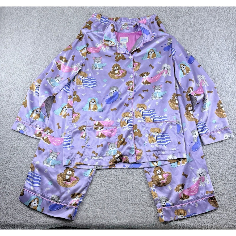 Nick & Nora Youth XL 14 16 Puppy Pajama Set Purple Dog Print Satin Sleepwear